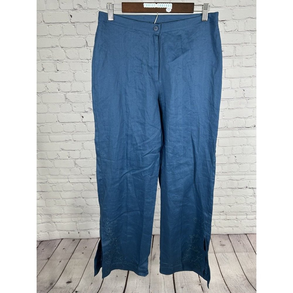 VTG Passports Blue Floral Embroidered Semi Sheer Ankle Slit Pants 10 (30x31)
